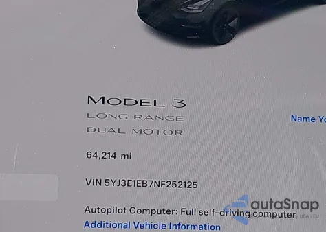 2022 Tesla Model 3 Long Range Dual Motor All-Wheel Drive from USA, damaged, VIN 5YJ3E1EB7NF252125